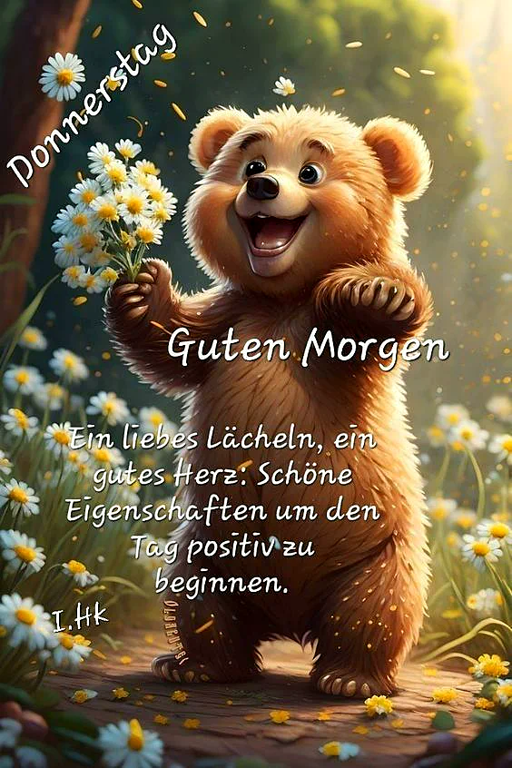 Ein niedlicher Teddybär steht in einer Blumenwiese, hält weiße Blumen in der Pfote und lächelt. Der Bär ist hellbraun, hat große Augen und ein freundliches Gesicht. Im Hintergrund sind viele Blumen und ein sonniger Wald zu sehen.