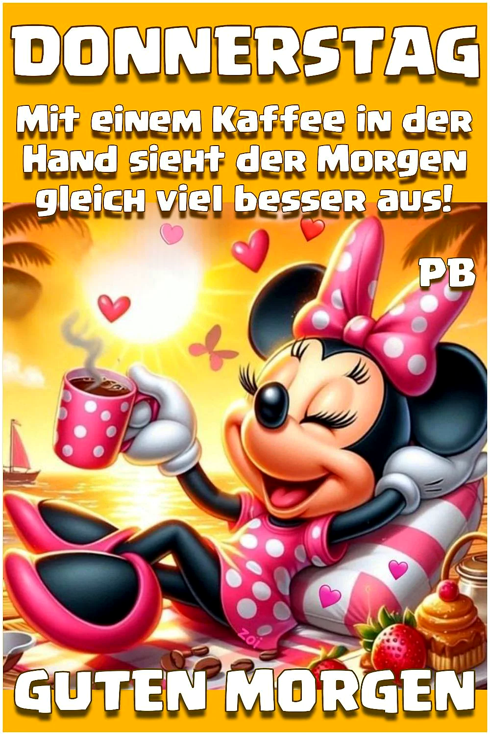 Ein digitales Bild von Minnie Maus, die auf einer Luftmatratze liegt, einen Kaffee in der Hand hält und von Herzen umgeben ist. Sie trägt ein rosa Polka-Punkt-Kleid und hat eine rosa Polka-Punkt-Schleife im Haar. Im Hintergrund sieht man eine sonnige Strandkulisse mit Palme, Boot und Sonnenuntergang.