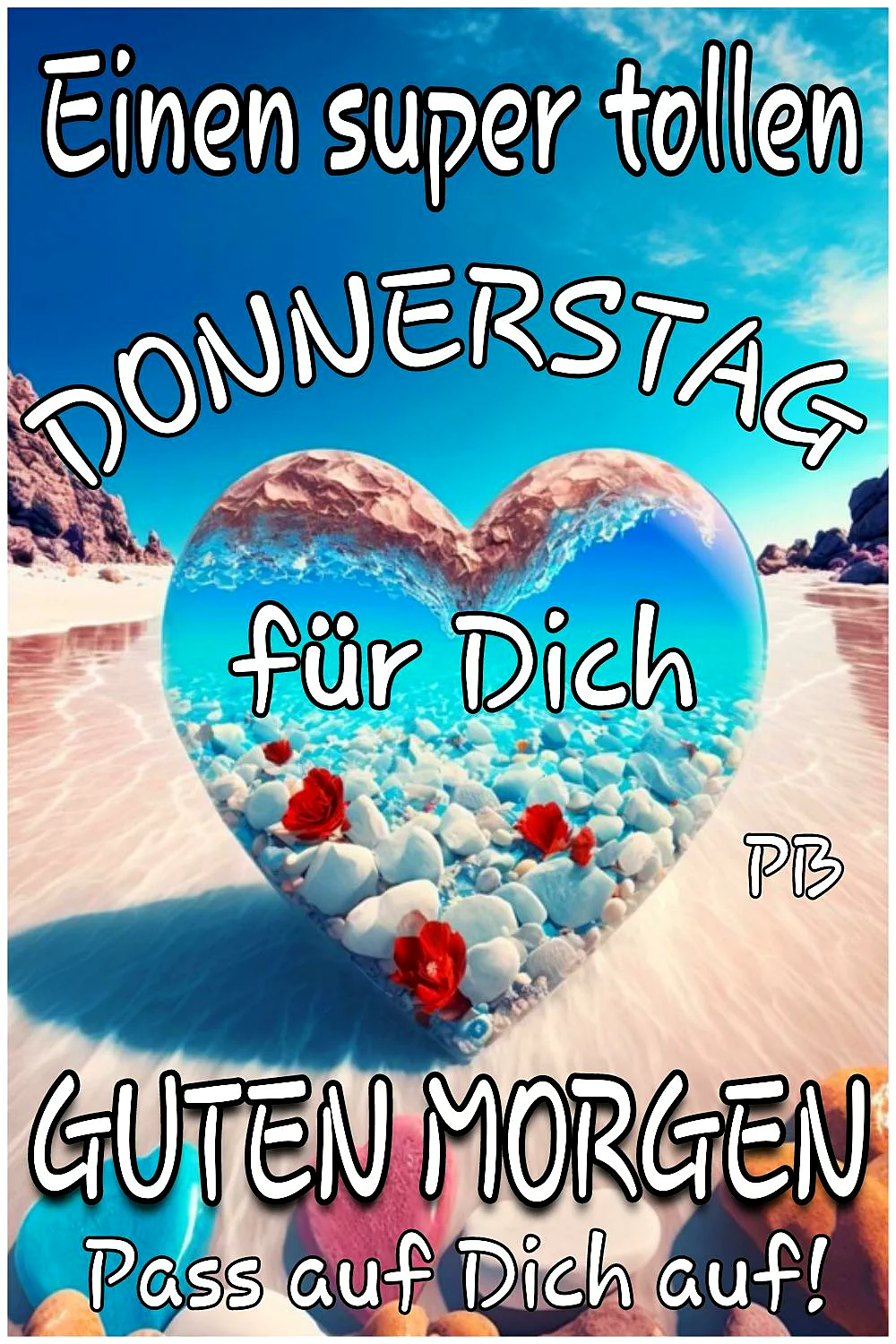 Ein herzförmiges Bild mit einem Strand, Steinen, Blumen und einem klaren Himmel. Der Text 'Einen super tollen Donnerstag für Dich. Guten Morgen, pass auf Dich auf!' ist über das Bild gelegt.