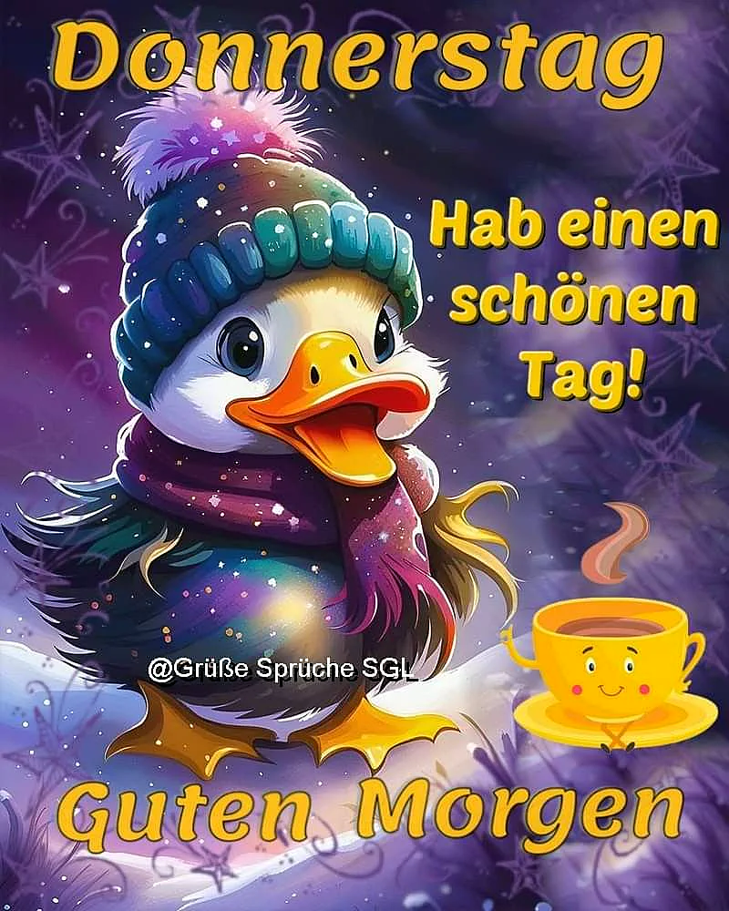 Ein Cartoon-Ente mit Mütze und Schal, die einen warmen Kaffee trinkt, vor einem sternenklaren Hintergrund.