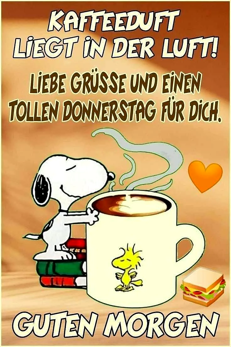 Ein Bild mit Snoopy und Woodstock, die einen Kaffee genießen. Snoopy steht neben einer Tasse mit Woodstock darauf, während ein herzförmiger Dampf aufsteigt. Im Hintergrund ein Sandwich und Bücher.