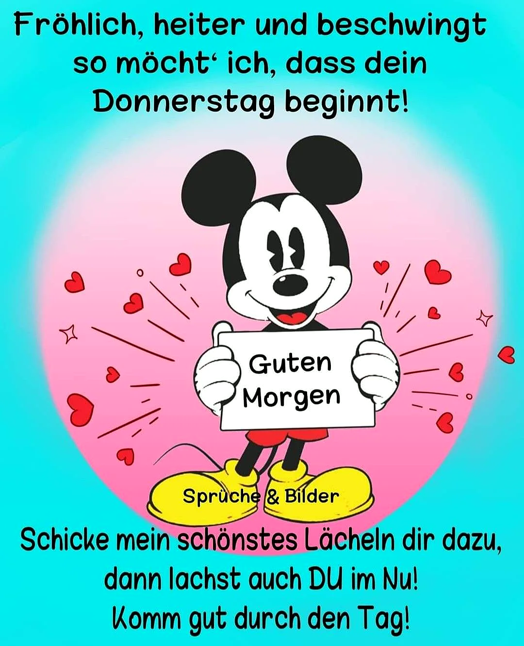 Ein cartoonartiges Bild von Mickey Mouse, der ein Schild mit der Aufschrift 'Guten Morgen' hält, umgeben von roten Herzen auf einem rosa Hintergrund mit blauem Rand.