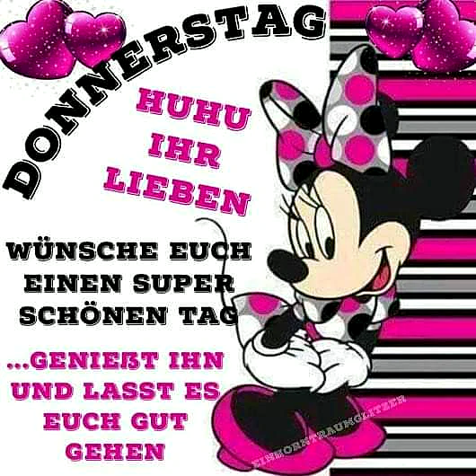 Ein Bild mit Minnie Maus in pinker Kleidung vor einem Hintergrund mit schwarzen, grauen und pinken Streifen. Minnie Maus hat ein großes Lächeln im Gesicht und einen pinken Bogen im Haar.