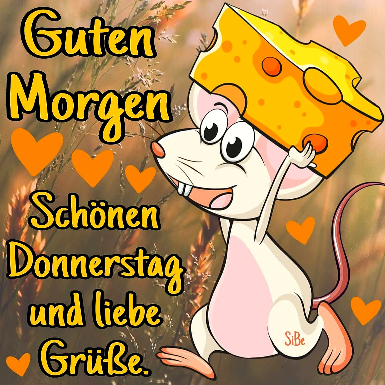 Ein Cartoon-Mäuschen mit einem gelben Kuchen auf dem Kopf, umgeben von orangefarbenen Herzen und Gräsern, strahlt Freude und Freundlichkeit aus.