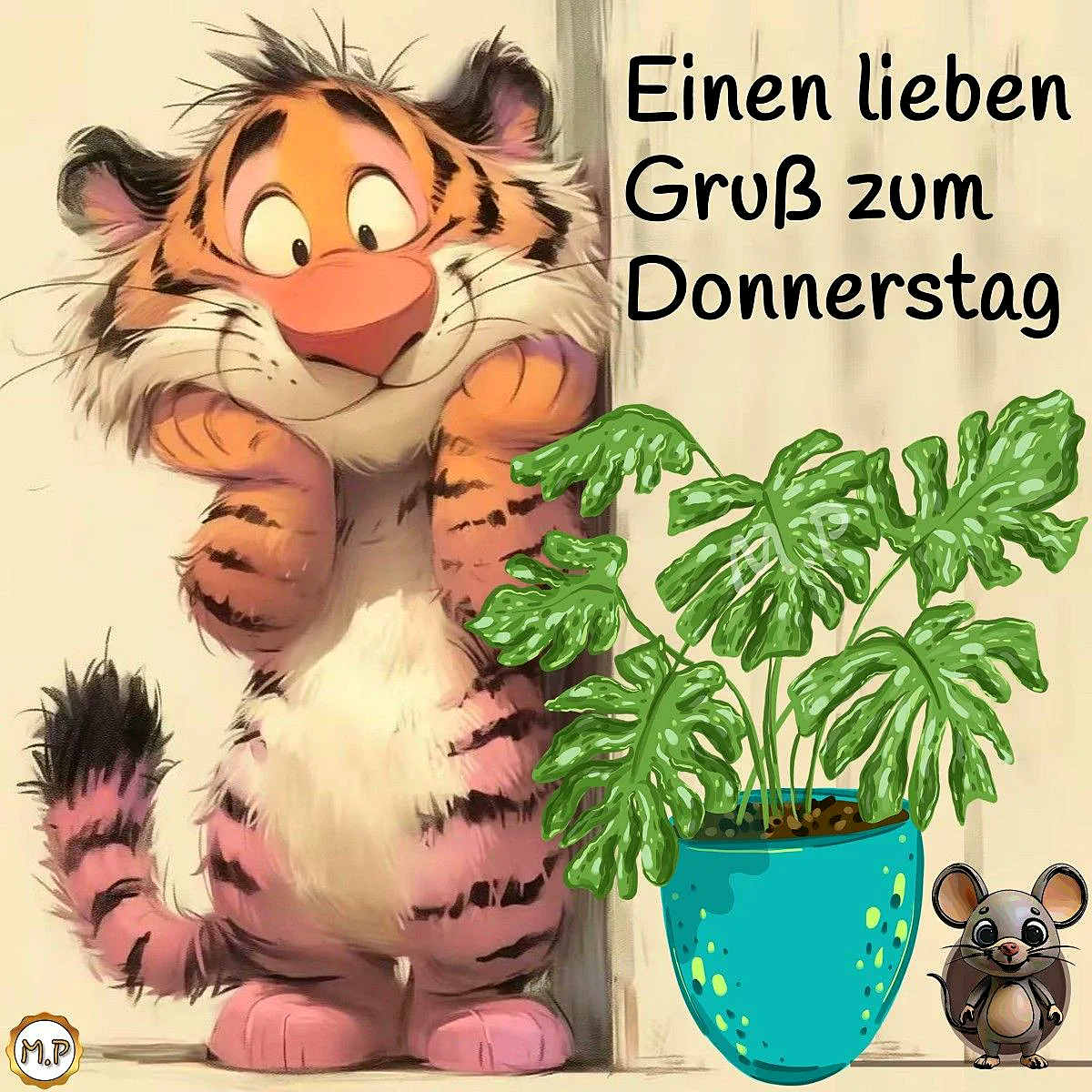Ein Cartoon-Tiger mit orange-weißem Fell und schwarzen Streifen steht neben einer grünen Pflanze in einem blauen Topf. Ein kleiner grauer Maus-Charakter ist rechts unten im Bild.