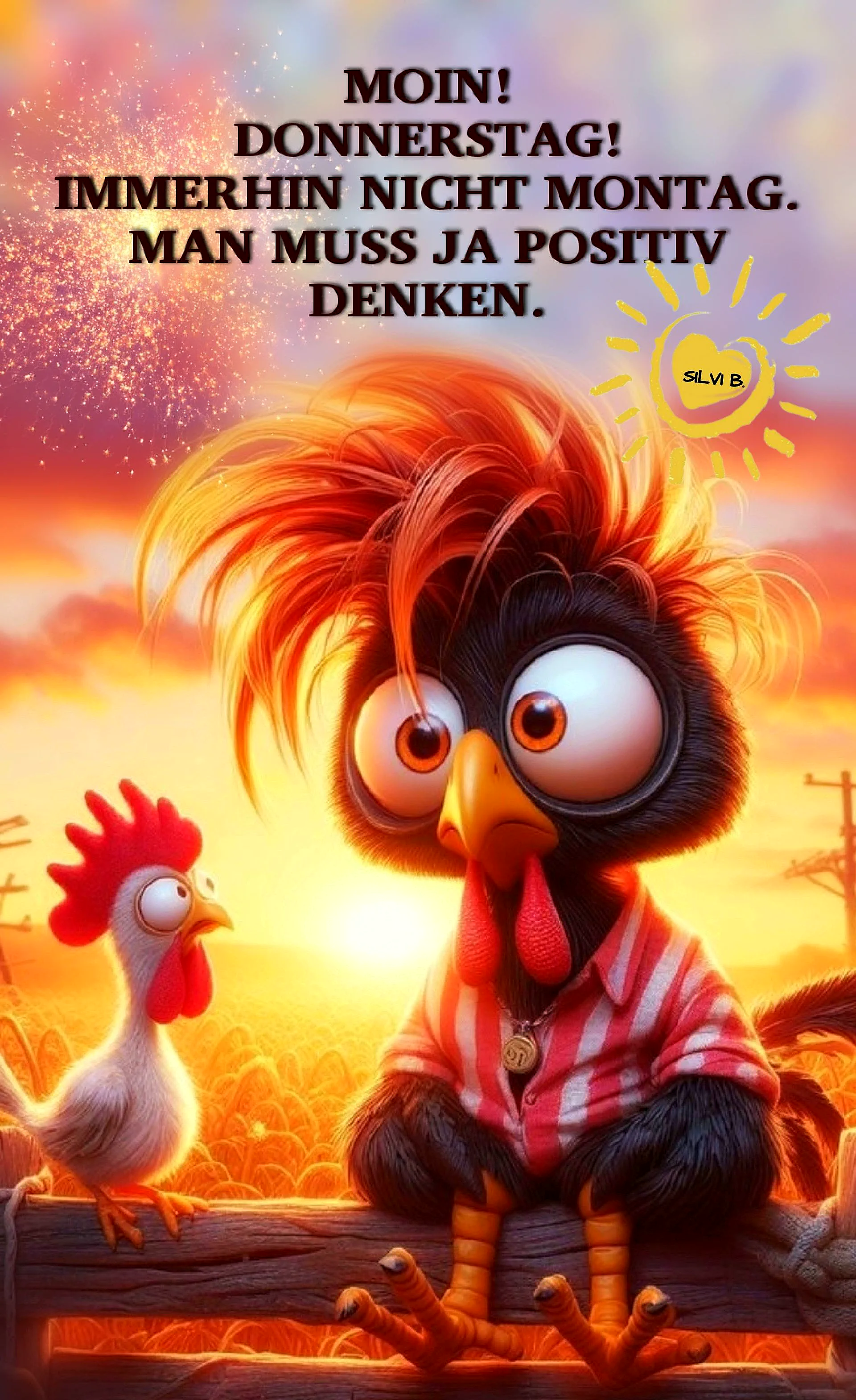 Ein Cartoon-Huhn in einem roten und weißen Hemd sitzt auf einem Zaun, neben ihm ein kleiner Hahn. Im Hintergrund ein sonniger Himmel mit Wolken.