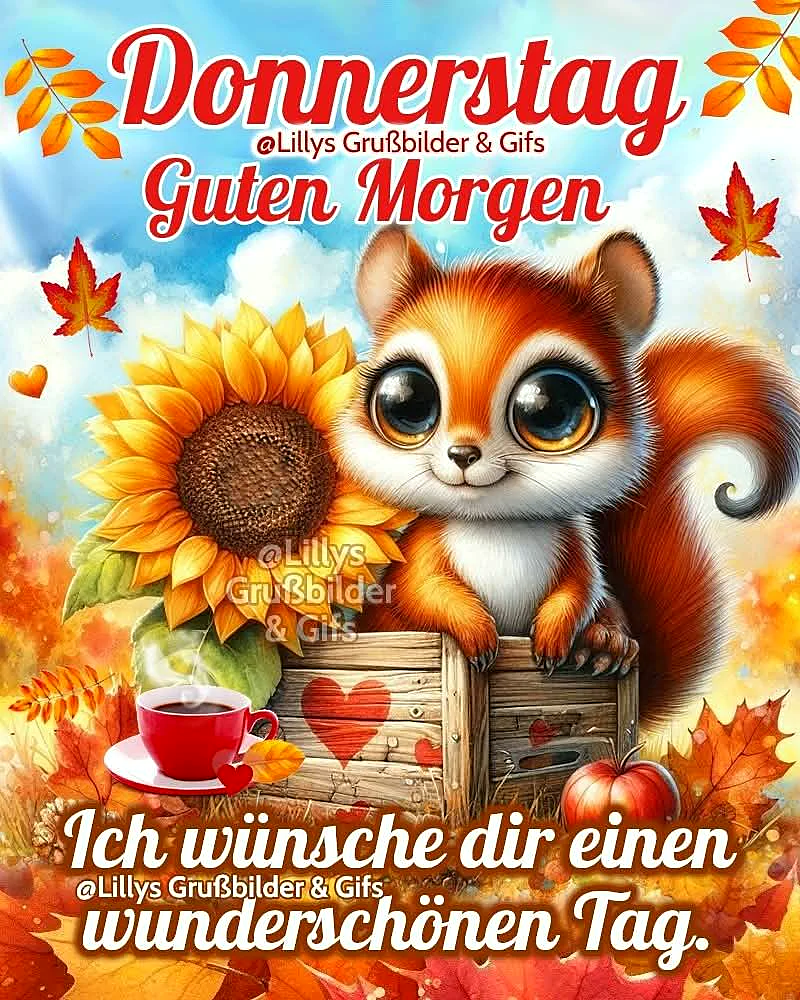Ein niedliches, orange-weißes Eichhörnchen mit großen Augen sitzt auf einem Holzblock, umgeben von Herbstlaub, einer Sonnenblume und einer Tasse Kaffee. Der Himmel ist blau mit weißen Wolken.
