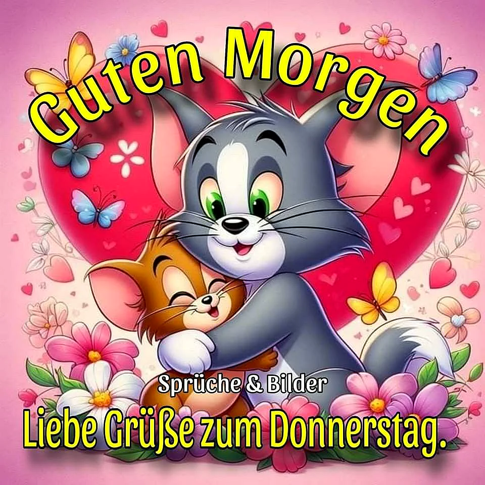 Ein Cartoon-Bild von zwei Katzen, die sich umarmen, vor einem rosa Herz mit Blumen und Schmetterlingen.