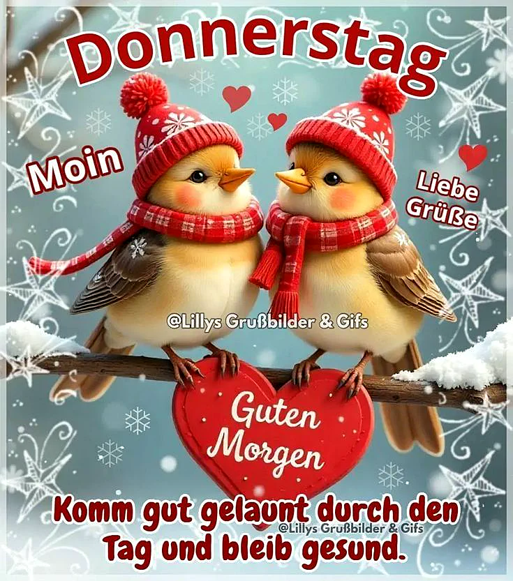 Zwei Vögel in roten Mützen und Schals sitzen auf einem Schneezweig, umgeben von Schneeflocken und Sternen. Der Hintergrund ist hellblau.