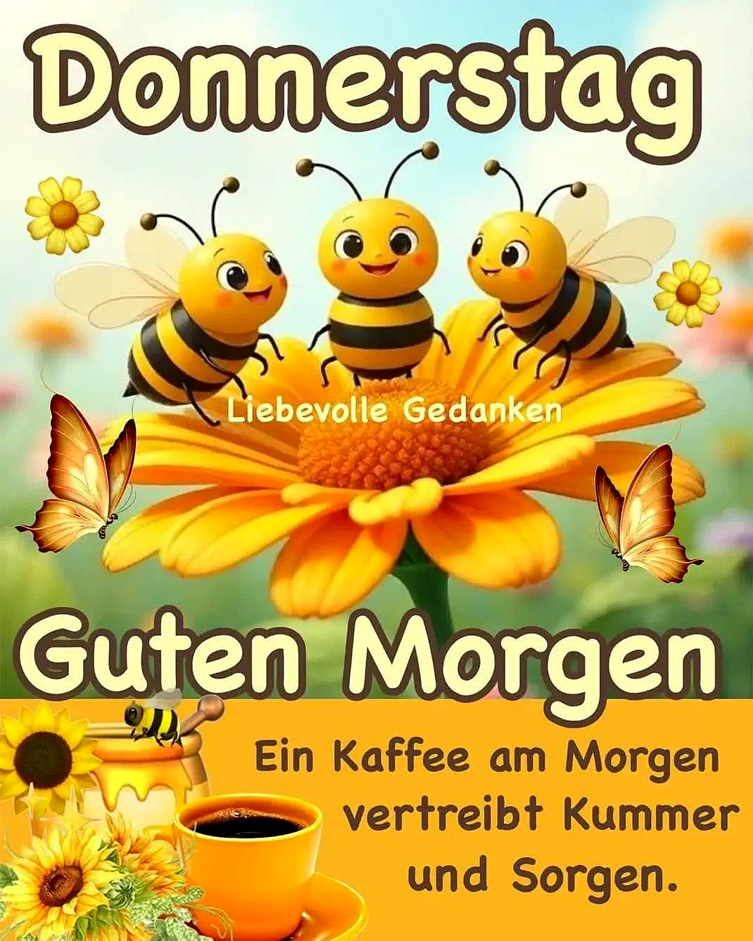 Ein Bild mit drei gelben Bienen auf einer gelben Blume, umgeben von gelben Blumen und orangefarbenen Schmetterlingen. Im Hintergrund ein grünes Feld mit gelben Blumen. Unten ein gelber Kaffee in einer gelben Tasse.