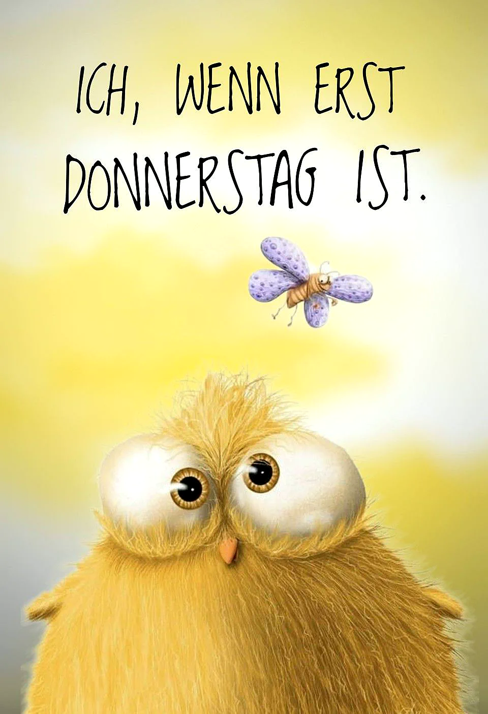 Ein gelbes, niedliches Tier mit großen Augen schaut nach oben, wo ein lila Insekt schwebt. Der Hintergrund ist gelb-weiß.