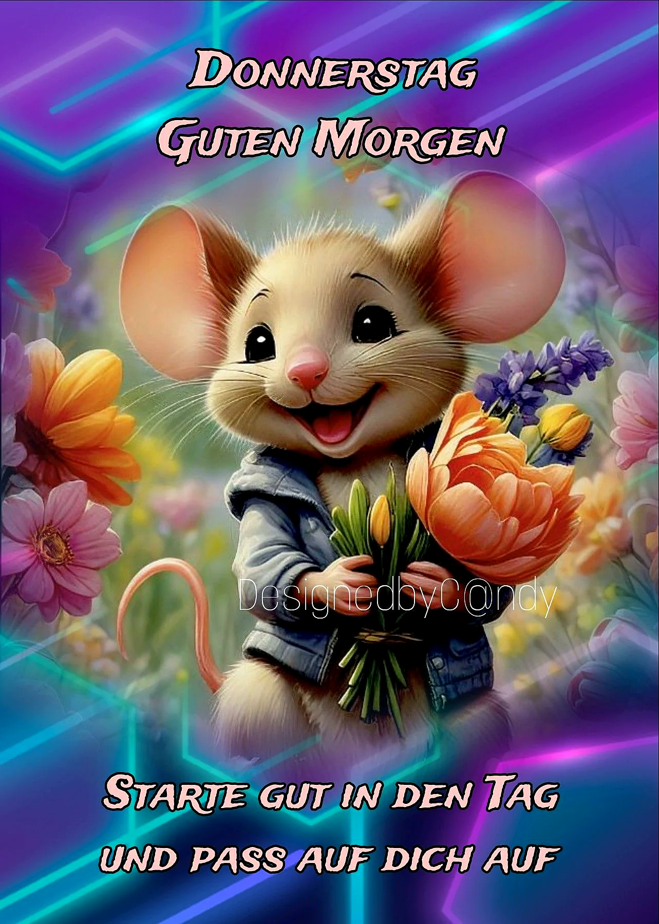 Ein unglaublich niedliches, lächelndes Mäuschen in Jeansjacke hält einen bunten Strauß Frühlingsblumen, umgeben von leuchtenden Neonlinien und einem verträumten Garten. Die Szene strahlt Zärtlichkeit und aufmunternde Vorfreude für den Donnerstagmorgen aus.