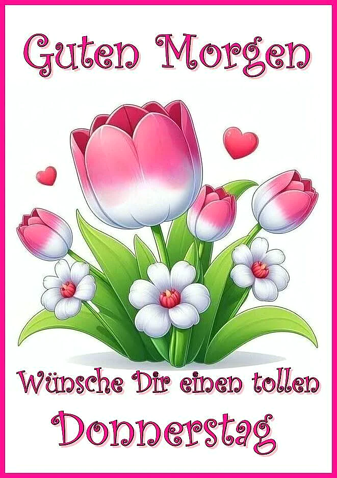 Ein fröhliches Cartoon-Bild mit einem bunten Blumenstrauß aus rosa Tulpen und weißen Blüten, akzentuiert durch schwebende rote Herzen auf weißem Hintergrund. Es vermittelt eine leichte, freudige Morgenstimmung für den Donnerstag.