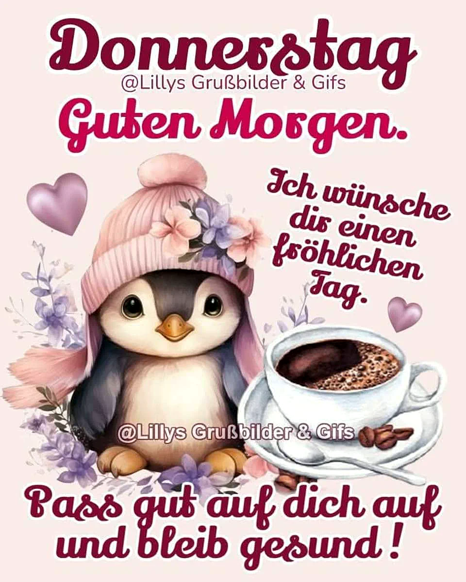 Ein entzückender Pinguin mit rosa Mütze und Blumen grüßt sanft. Eine dampfende Kaffeetasse, Kaffeebohnen und schwebende Herzen zieren den hellrosa Hintergrund, strahlend eine liebevolle Donnerstag-Morgenstimmung aus.