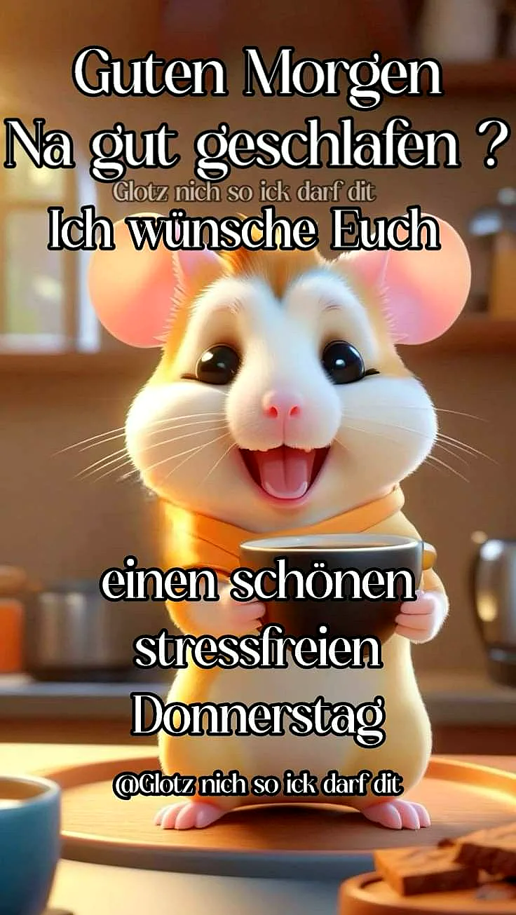 Ein niedliches, fröhlich lachendes Tier mit großen Ohren hält eine Kaffeetasse. Das animierte Motiv strahlt morgendliche Vorfreude und eine entspannte Stimmung für den Donnerstag aus.