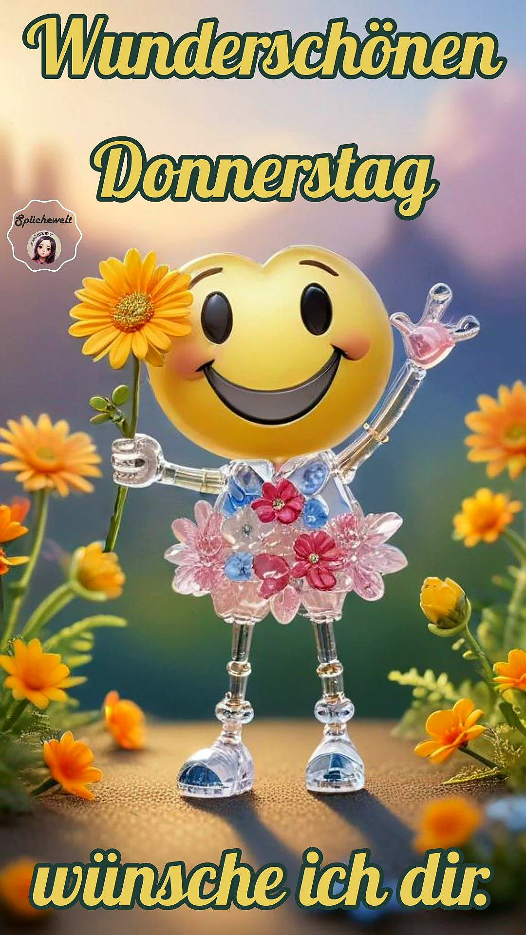 Eine fröhliche gelbe Emoji-Figur mit einem freundlichen Lächeln und klarem Blumenkörper hält eine leuchtende Sonnenblume in der Hand, umgeben von weiteren orangen Blüten vor einem sanften, verschwommenen Himmel, der positive Donnerstag-Stimmung vermittelt.