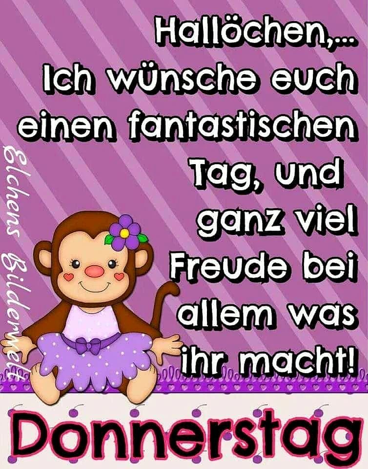 Ein süßes Comic-Äffchen in lila Kleid und Blüte sitzt vor einem gestreiften, violetten Hintergrund. Der Text wünscht einen fantastischen Donnerstag voller Freude.