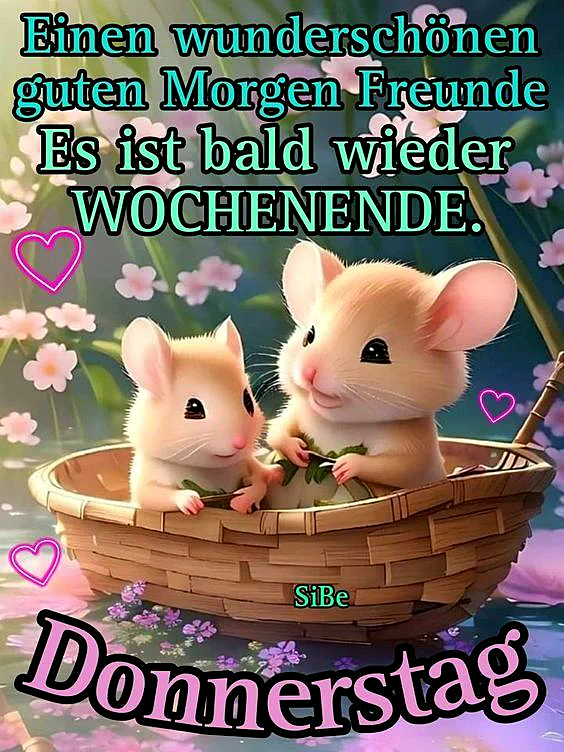 Ein bezauberndes Bild mit zwei niedlichen Mäusen in einem Weidenkorb, umgeben von zarten, rosa Blüten. Die weiche Beleuchtung und die rosafarbenen Herzen schaffen eine Atmosphäre der warmen Wochenend-Vorfreude an einem Donnerstagmorgen.