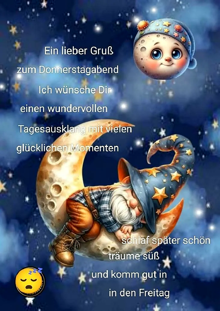Ein Cartoon-Elf sitzt auf dem Mond, trägt einen Hut mit Sternen und schläft. Ein kleiner Mondkopf mit einem Schlafanzug schwebt darüber. Der Hintergrund zeigt einen sternenklaren Nachthimmel.