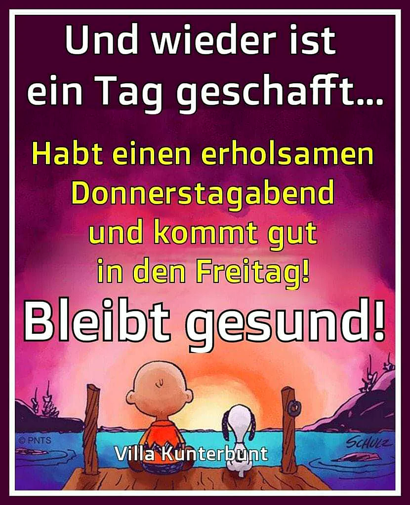 Ein Cartoon von Charlie Brown und Snoopy, die auf einem Steg sitzen und auf den Sonnenuntergang blicken. Der Himmel ist rosa, lila und orange. Der Text 'Villa Kunterbunt' ist unten im Bild.