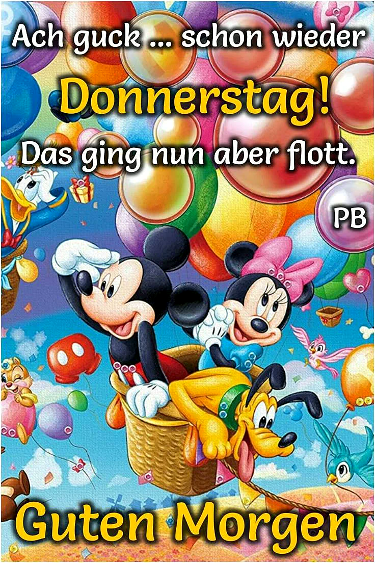 Micky und Minnie Maus fliegen in einem Heißluftballonkorb, umgeben von bunten Ballons und jubelnden Disney-Freunden wie Pluto, Donald Duck und Chipmunk, die den fröhlichen Donnerstagmorgen feiern.