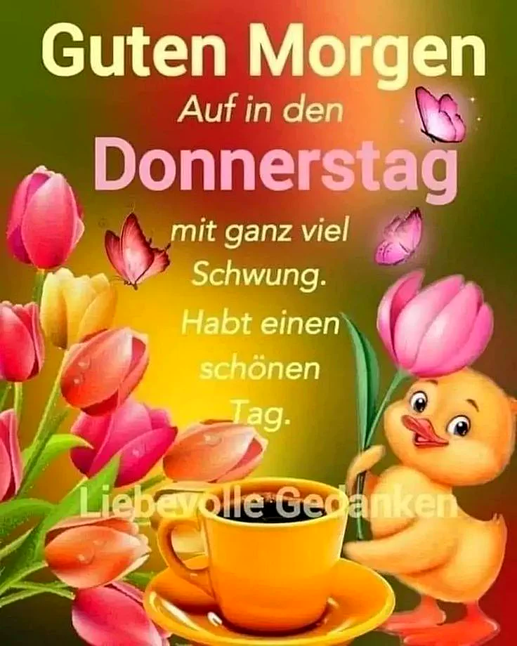 Ein fröhliches Grußbild zum Donnerstagmorgen mit einem süßen gelben Entchen, umgeben von leuchtenden rosa und orangefarbenen Tulpen und schwebenden Schmetterlingen. Eine gemütliche orangefarbene Kaffeetasse komplettiert die Szene, während der bunte Hintergrund Optimismus und Wochenend-Vorfreude ausstrahlt.