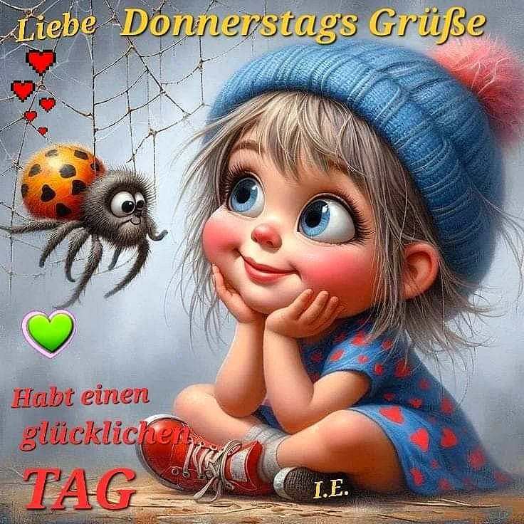 Ein Cartoon-Mädchen mit einem blauen Hut und einem blauen Kleid mit roten Herzen sitzt neben einer Spinne mit einem orangefarbenen Körper und schwarzen Punkten. Die Spinne hat große Augen und ein freundliches Gesicht. Das Mädchen hat blonde Haare und blaue Augen und legt seine Hand unter das Kinn. Im Hintergrund ist ein Spinnennetz zu sehen.