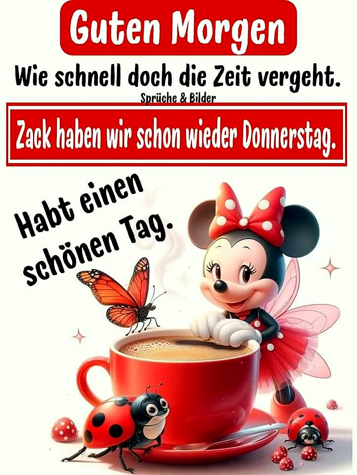 Ein digitales Bild von Minnie Mouse, die in einem roten Becher Kaffee trinkt. Neben ihr ein roter Schmetterling, zwei rote Marienkäfer und ein paar rote Pilze. Minnie trägt ein rotes Kleid mit weißen Punkten.