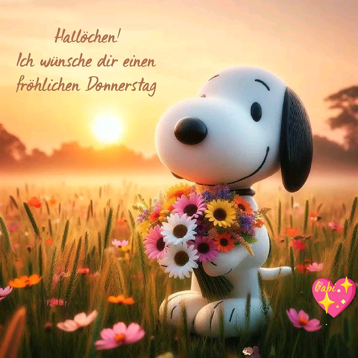 Ein liebenswerter Snoopy in cartoon-Ästhetik sitzt inmitten eines blühenden Feldes und hält einen bunten Blumenstrauß. Der goldene Sonnenaufgang taucht die Szene in ein warmes, hoffnungsvolles Licht, das eine zauberhafte Donnerstag-Morgenstimmung verbreitet.