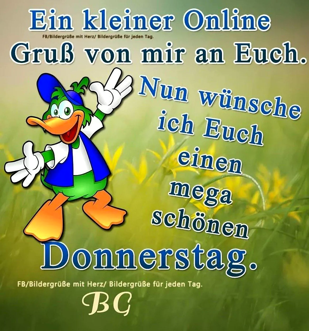Ein fröhlicher Cartoon-Enterich mit blauer Mütze und Weste winkt auf einem sanft grünen Hintergrund. Er übermittelt herzliche Donnerstagswünsche mit gelben Blüten und warmer Vorfreude auf das Wochenende.