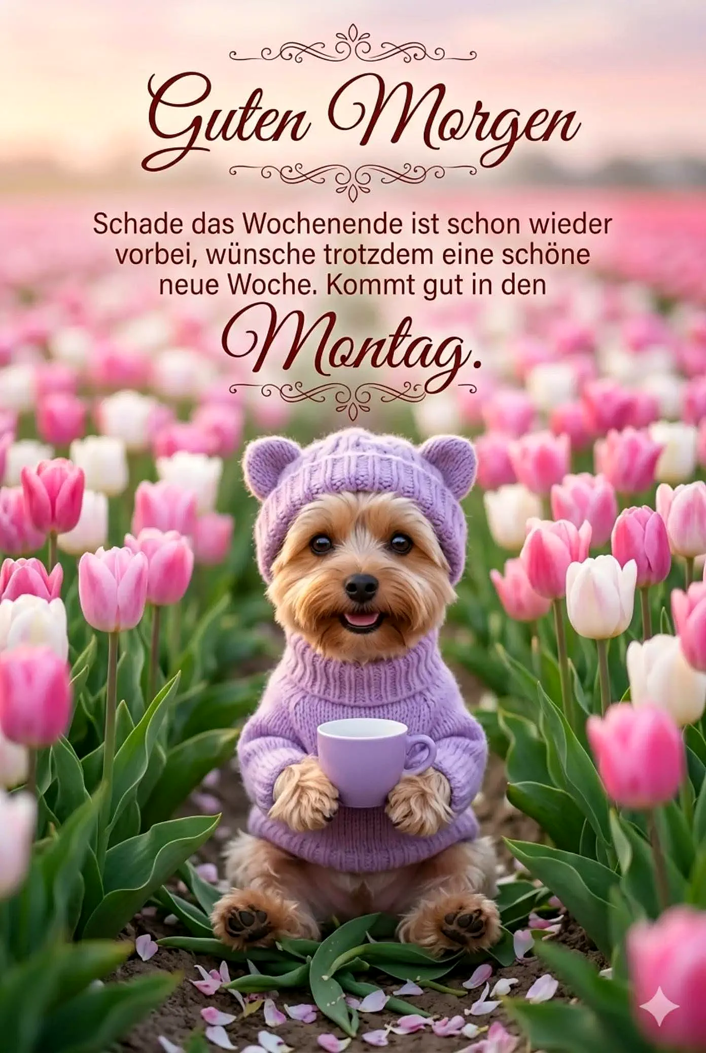 Ein bezaubernder Yorkshire Terrier Welpe mit flauschigem lila Strickpullover und passender Mütze, sitzt inmitten eines blühenden Tulpenfeldes. Er hält eine kleine lila Tasse, umgeben von zarten rosa und weißen Blüten, die vom sanften Morgenlicht erhellt werden.