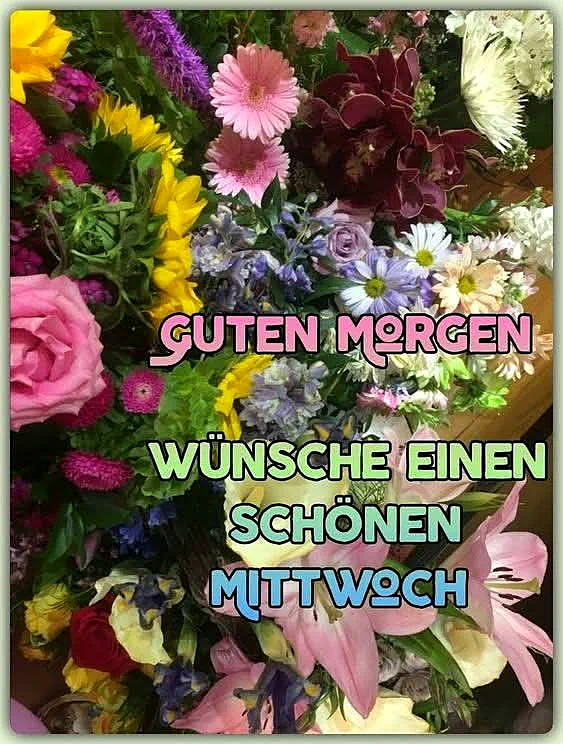 Ein üppiger Blumenstrauß in leuchtenden Farben, darunter pinke Rosen, gelbe Sonnenblumen, lilafarbene Wiesenblumen und zarte rosa Lilien. Der handgeschriebene Gruß „Guten Morgen Wünsche einen schönen Mittwoch“ liegt mittig auf den Blüten. Eine ermutigende, frühlingshafte Stimmung.