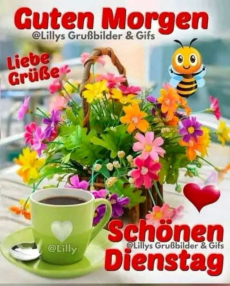 Ein hellgrüner Becher Kaffee auf einer Untertasse, daneben ein Korb voller leuchtend bunter Frühlingsblumen und eine freundliche Biene. Der Gruß 'Guten Morgen Schönen Dienstag' ziert das Bild.