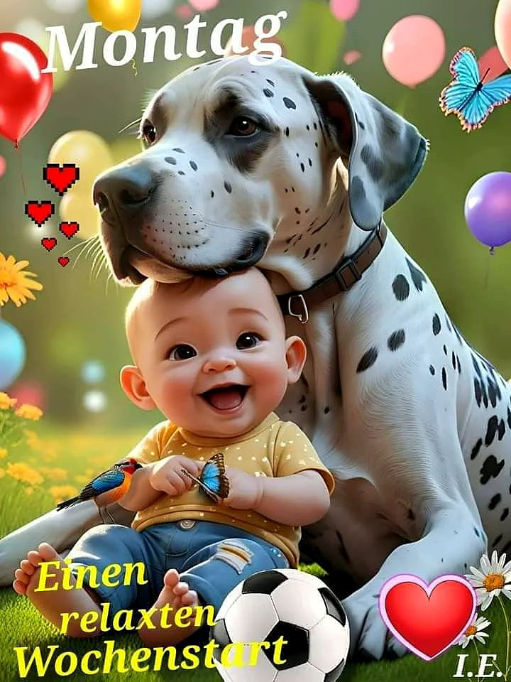 Ein Dalmatiner und ein Baby sitzen zusammen im Gras, umgeben von Blumen, Schmetterlingen und Luftballons. Der Dalmatiner hat seinen Kopf auf das Baby gelegt. Das Baby lacht und hält einen Schmetterling in der Hand.