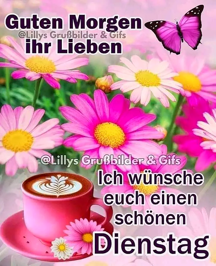 Eine pinke Kaffeetasse mit Milchschaumherz inmitten leuchtend rosa und weißer Margeritenblüten. Ein schwebender violetter Schmetterling über dem Blütenmeer versprüht heitere Morgenstimmung, ideal für einen fokussierten Dienstag.