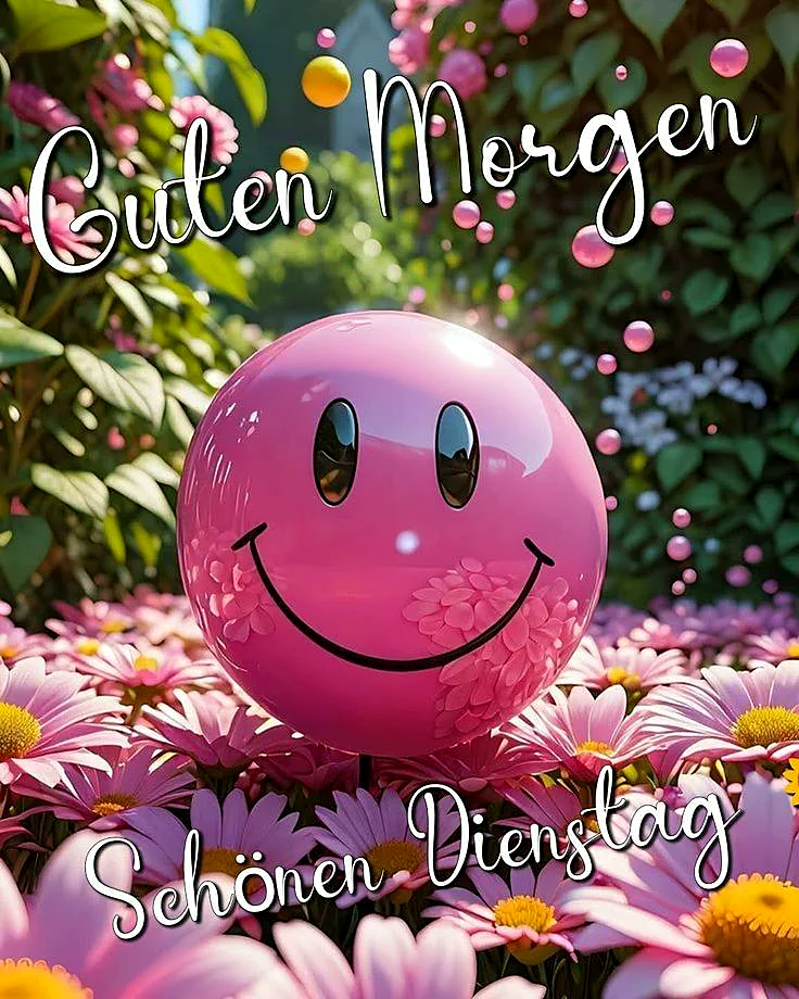 Ein rosa Smiley mit schwarzen Augen und einem Lächeln sitzt in einem Beet mit pinken und gelben Blumen, umgeben von grünen Blättern und kleinen rosa Bläschen.