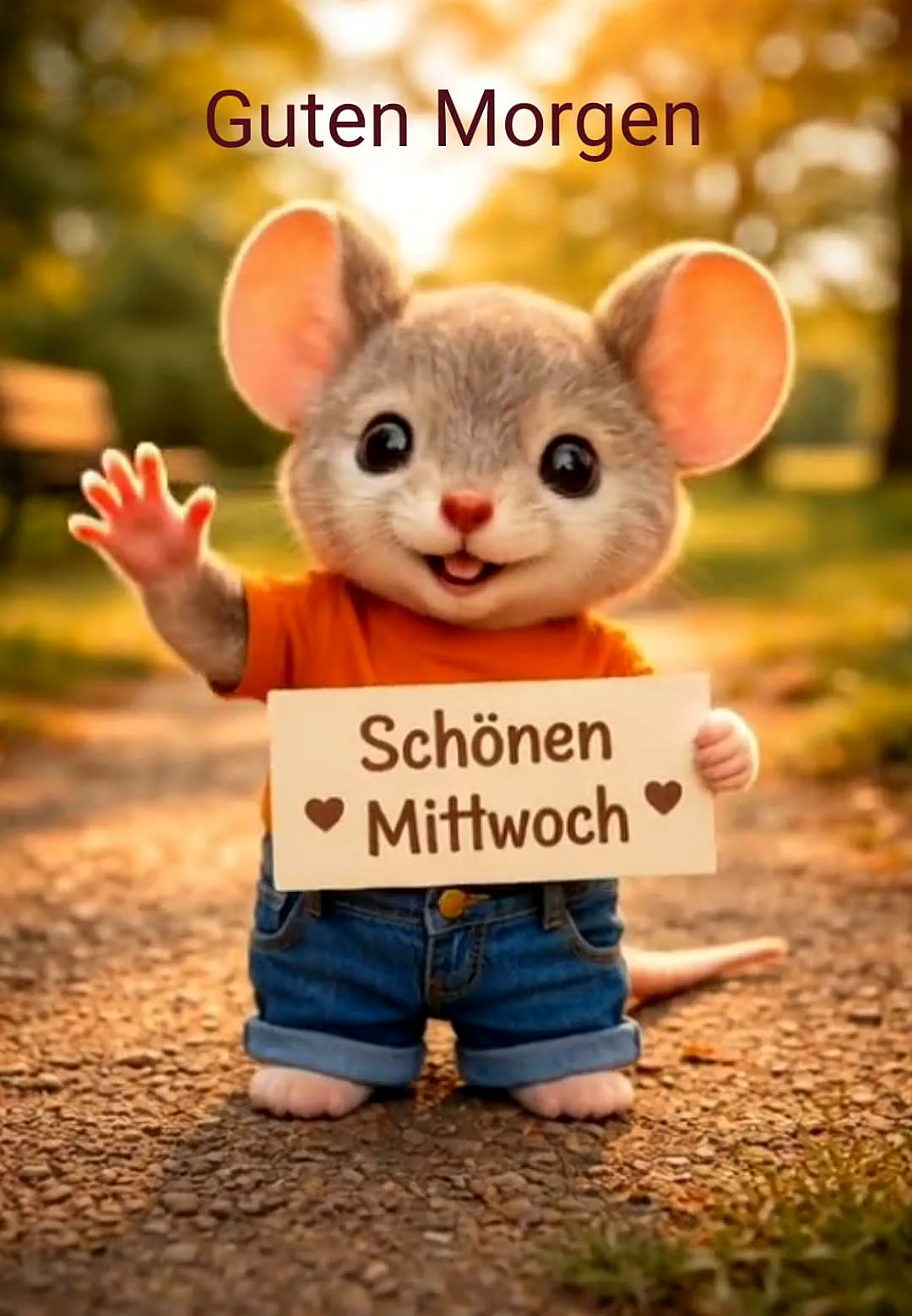 Ein niedliches Maus-ähnliches Tier mit großen Ohren und einem freundlichen Gesichtsausdruck, das ein Schild mit der Aufschrift 'Schönen Mittwoch' hält und freundlich winkt, im Hintergrund ein sonniger Park.