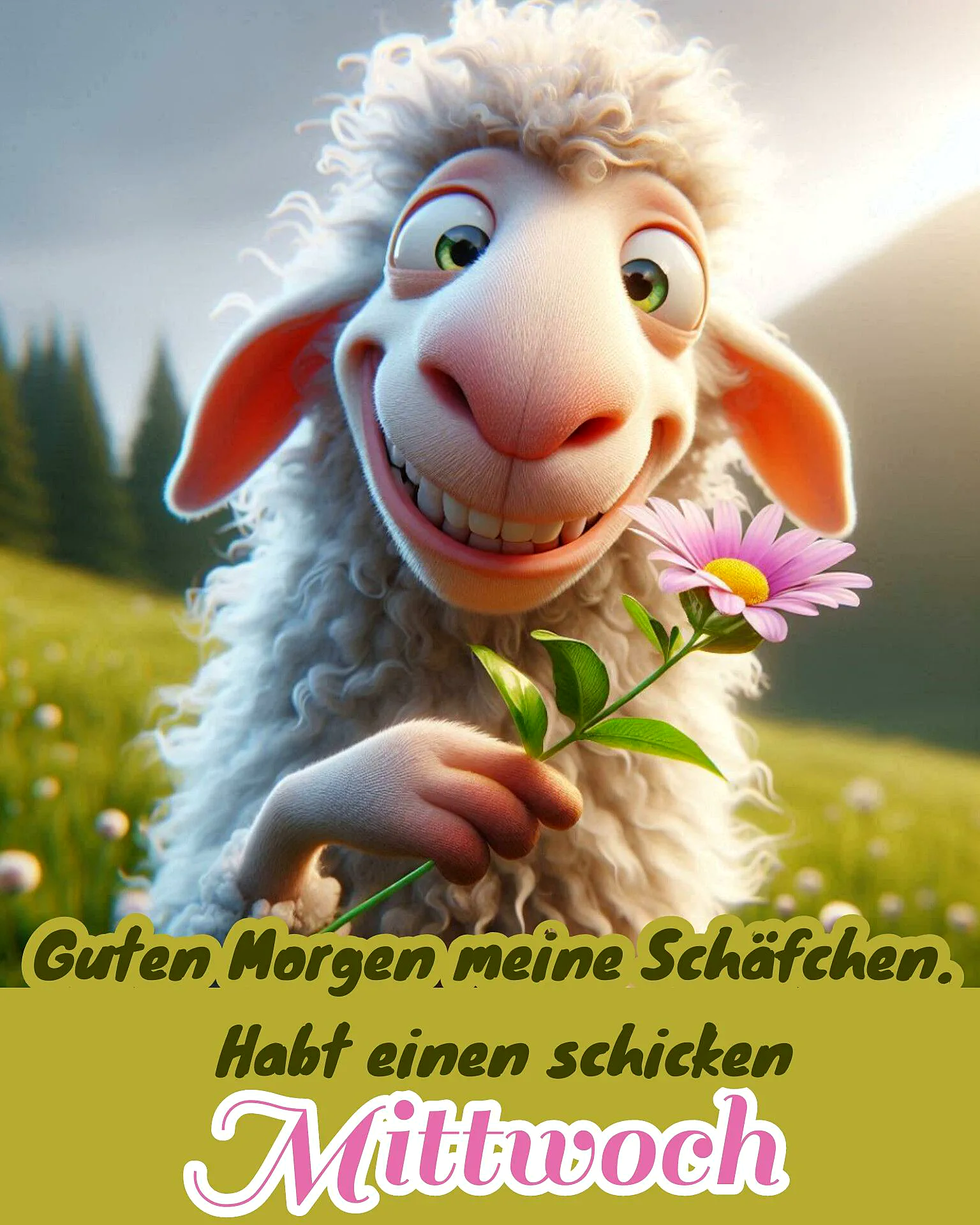 Ein cartoon-artiges, weißes Schäfchen mit lockigem Fell, grünen Augen und einem freundlichen Lächeln hält eine pinke Blume in der Hand. Es steht in einer grünen Wiese mit gelben Blumen und Bäumen im Hintergrund. Die Sonne scheint.
