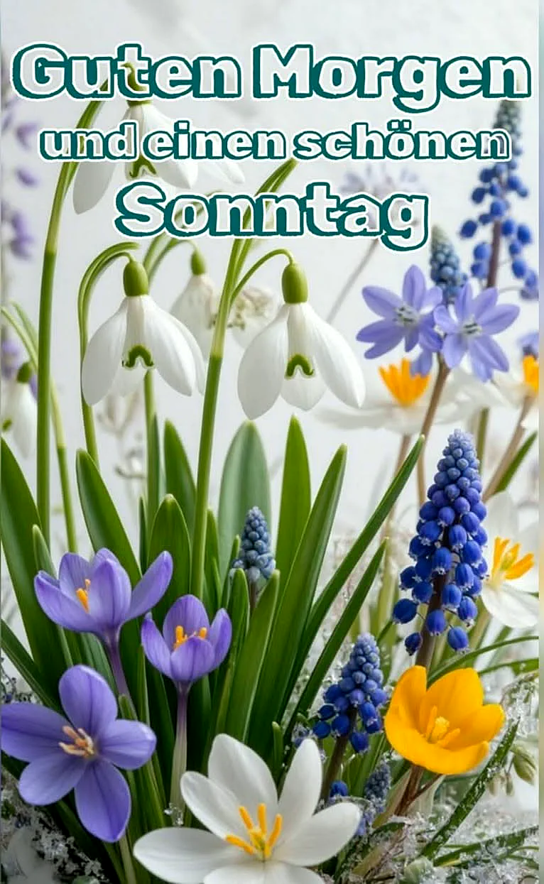 Ein farbenfrohes Arrangement aus weißen Schneeglöckchen, blauen Traubenhyazinthen, lila und gelben Krokussen. Grüne Blätter umrahmen die blühenden Frühlingsblumen, die einen entspannten Sonntagmorgen begrüßen. Die Stimmung ist frisch und friedlich.