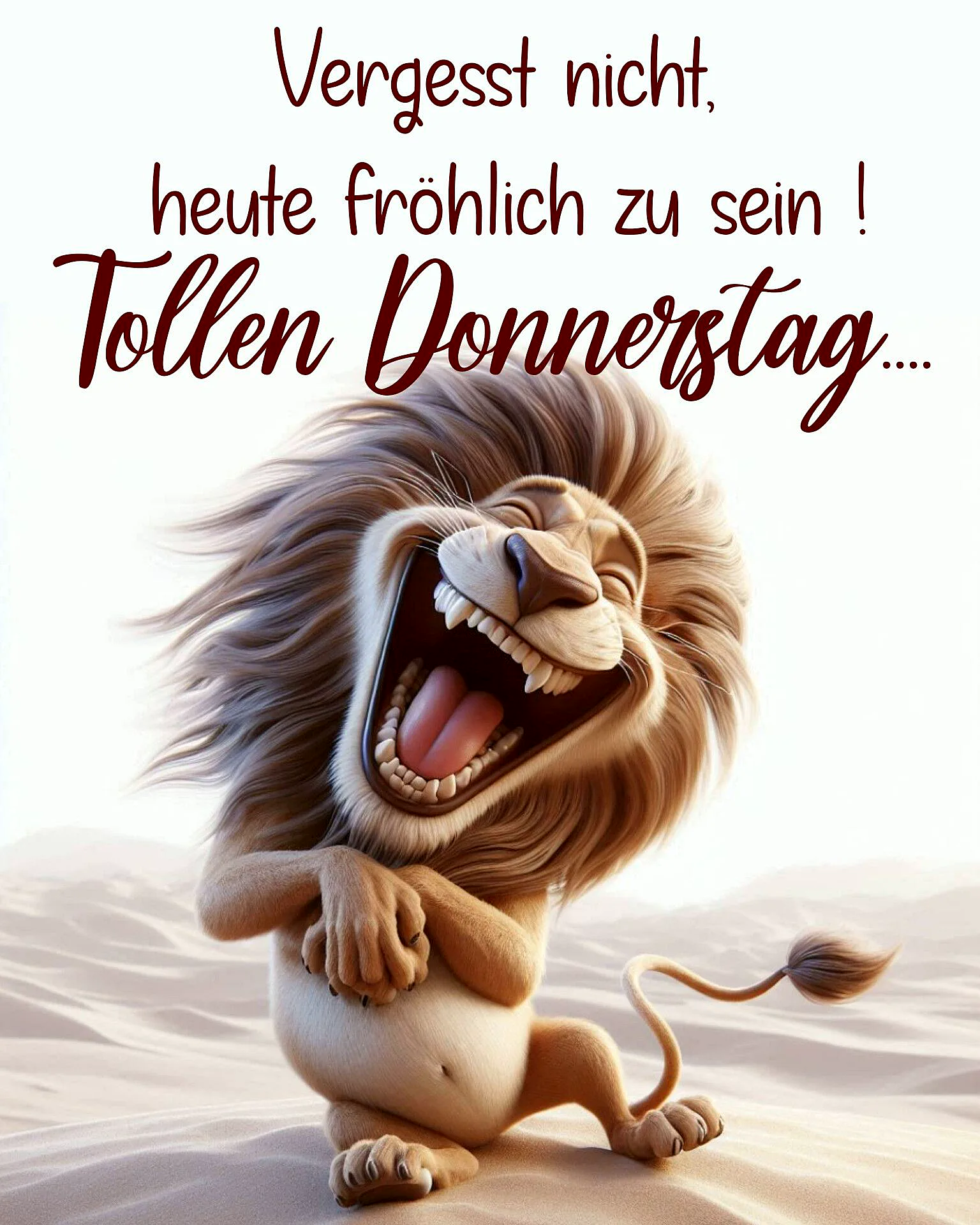 Ein Cartoon-Löwe mit einer Mähne, der lachend in der Wüste steht, mit einem freundlichen Gesichtsausdruck und einem offenen Maul. Der Löwe hat eine fröhliche Ausstrahlung.