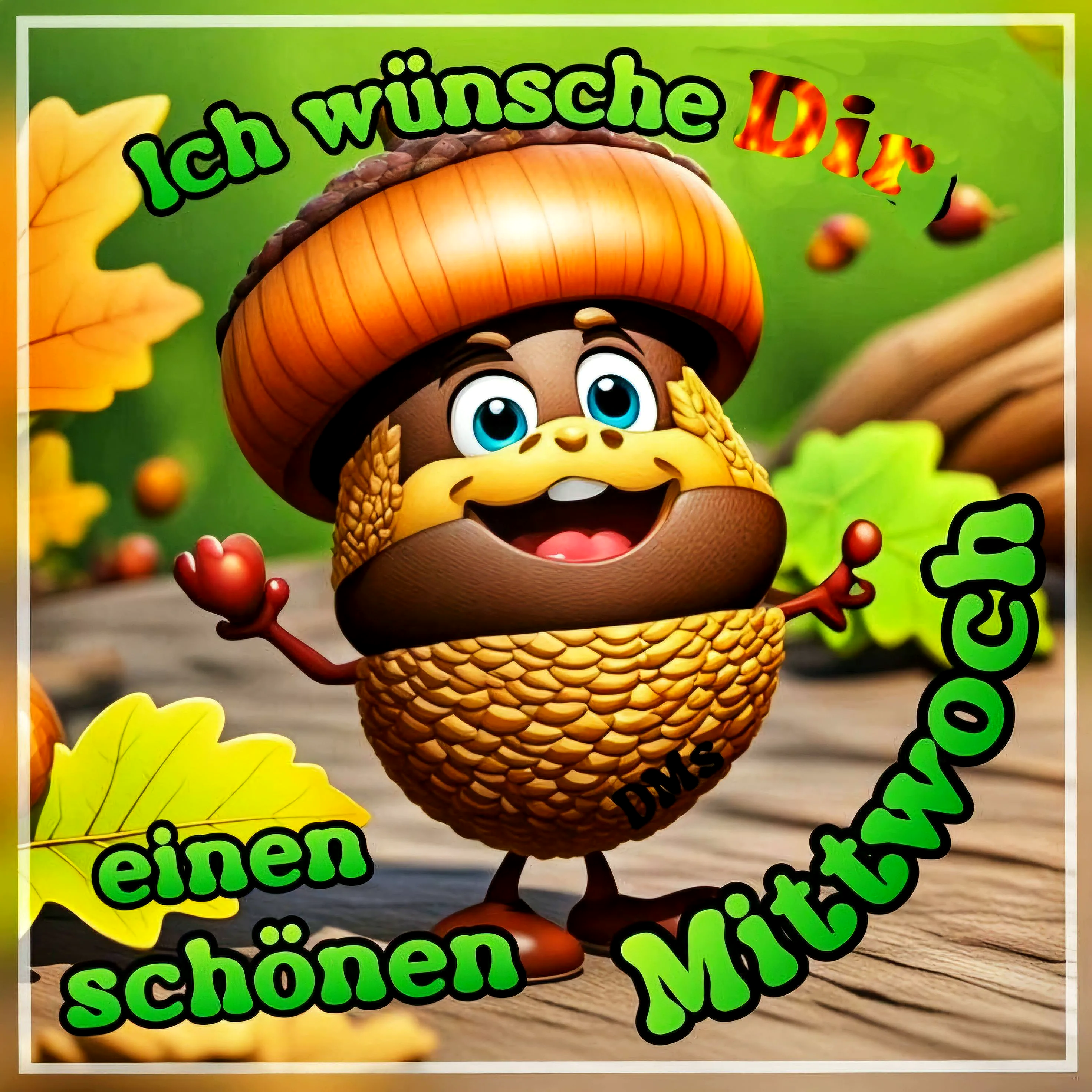 Ein cartoonartiger Pilz mit einem freundlichen Gesicht und einem Hut, der auf einem Holzsteg steht, umgeben von Herbstlaub und Blättern. Der Pilz hat einen gelben Hut und einen braunen Stiel. Er hat blaue Augen und ein breites Lächeln im Gesicht.
