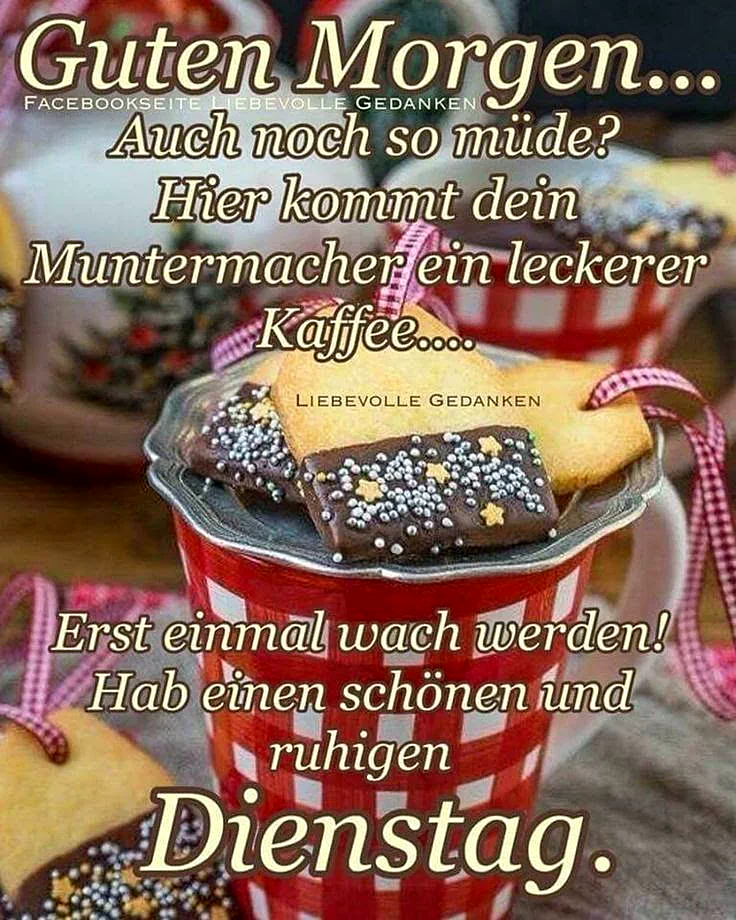 Ein rot-weiß karierter Becher, gefüllt mit liebevoll dekorierten Keksen, verspricht einen gemütlichen Morgen. Eine zarte rosa Schleife schmückt das Arrangement, das Wärme und eine ruhige, fokussierte Dienstagsstimmung ausstrahlt.