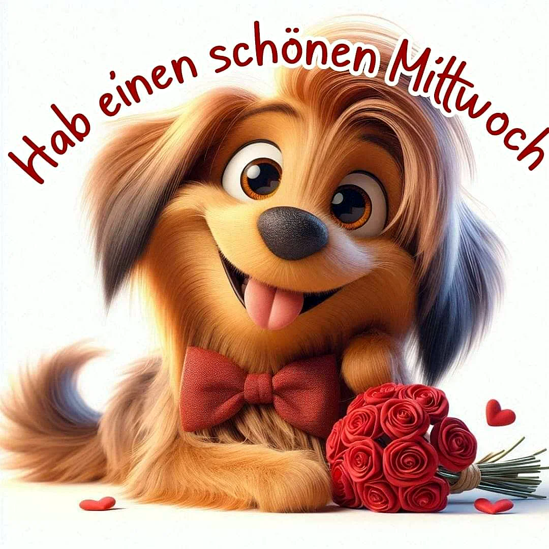 Ein Cartoon-Hund mit langen, braunen Haaren und einem roten Bowle um den Hals liegt lächelnd vor einem weißen Hintergrund neben einem Strauß roter Rosen und kleinen, roten Herzen.