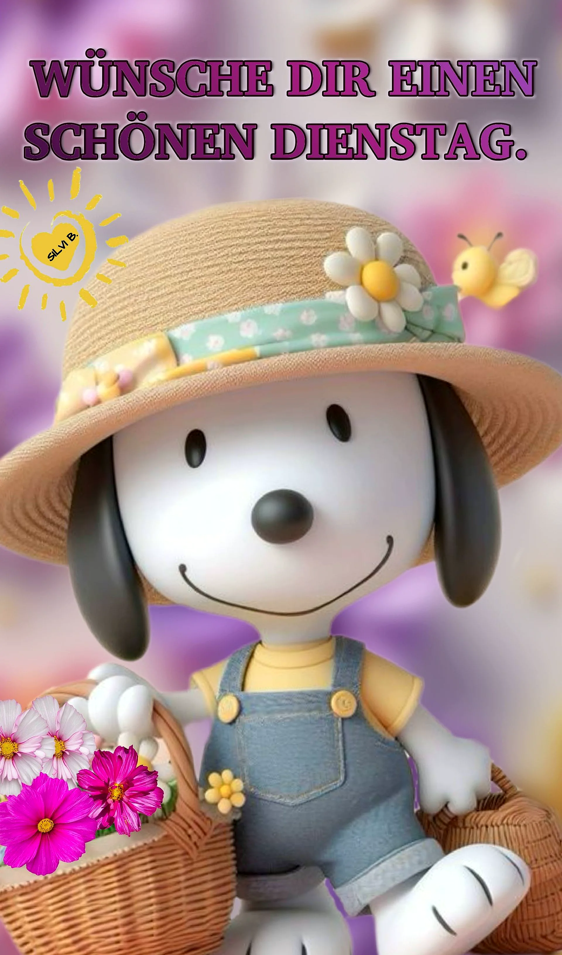Ein Cartoon-Hund mit Hut und Blumenkorb, davor ein Schmetterling. Fröhlich, freundlich.