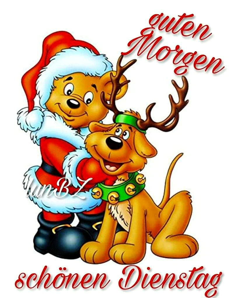 Ein Cartoon-Bild von einem Bären in einem roten Weihnachtsmannanzug, der einen Hund mit einem grünen Halsband und Rentierhörnern umarmt. Beide haben ein freundliches Gesicht.