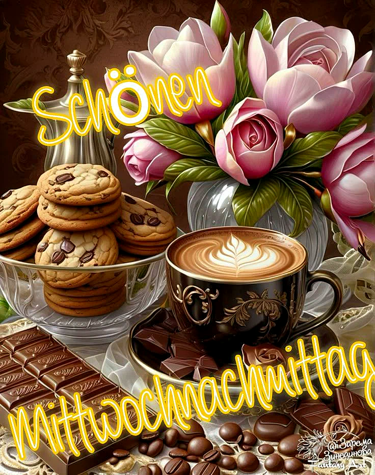 Ein gedeckter Tisch mit einer eleganten Kaffeetasse, kunstvoller Latte Art, Schokoladenkeksen und einer Tafel Schokolade. Rosa Blüten in einer Vase und verstreute Kaffeebohnen kreieren eine warme, gemütliche Mittwochnachmittag-Atmosphäre.
