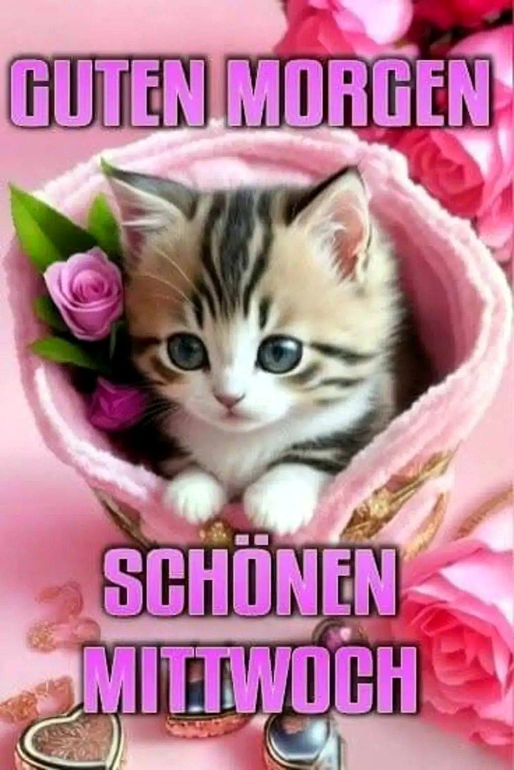 Ein niedliches Kätzchen mit großen Augen sitzt in einer rosa Tasche, umgeben von rosa Blumen und Blättern, auf einem rosa Hintergrund