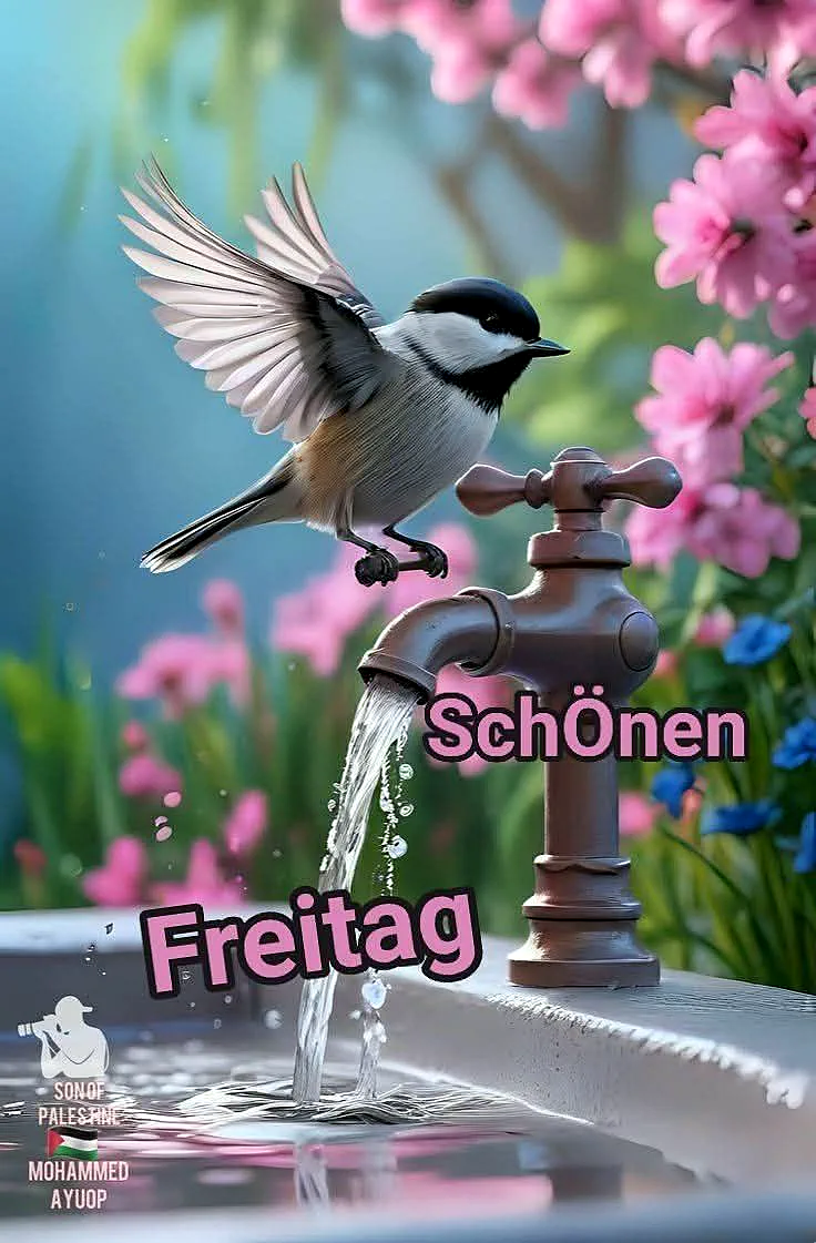 Ein Vogel mit schwarzem Kopf, weißen und braunen Federn sitzt auf einem Wasserhahn im Freien, aus dem Wasser fließt. Im Hintergrund blühende Büsche.