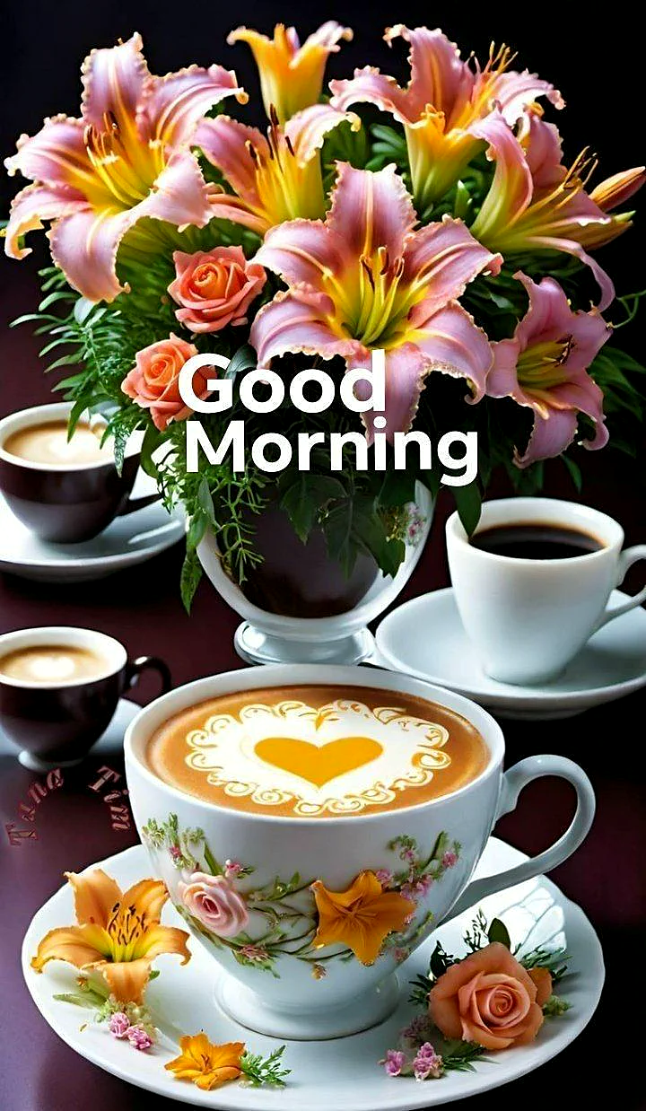 Ein Frühstückstisch mit einer Vase voller rosa und gelber Lilien, zwei Tassen Kaffee und einer Tasse mit einem Herz aus Schaum auf dem Kaffee, umgeben von kleinen Blumen auf dem Teller.