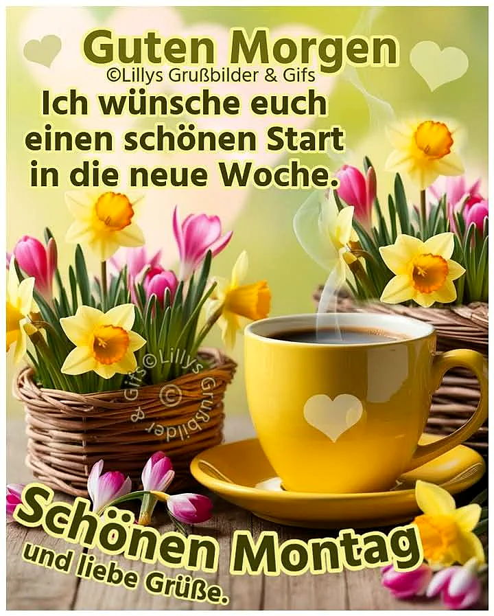 Eine dampfende gelbe Kaffeetasse mit Herzmotiv, umgeben von frischen gelben Narzissen und zartrosa Krokussen in Weidenkörbchen. Der frühmorgendliche Schein verleiht dem Arrangement eine aufmunternde und energiegeladene Atmosphäre für den Wochenstart.